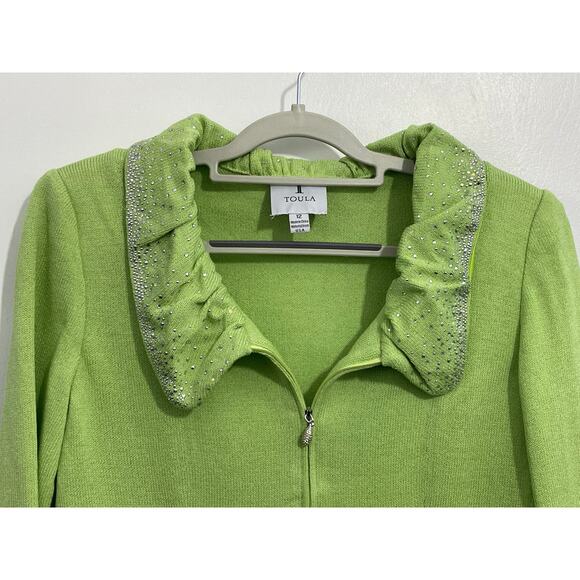 Toula Wool Blend Cardigan Sweater Size 12 Lime Green Rhinestone Ruffled Collar - Picture 3 of 9